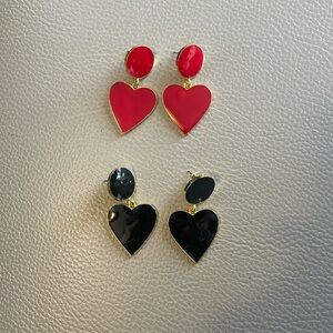 Black and red enamel and gold hearts earrings